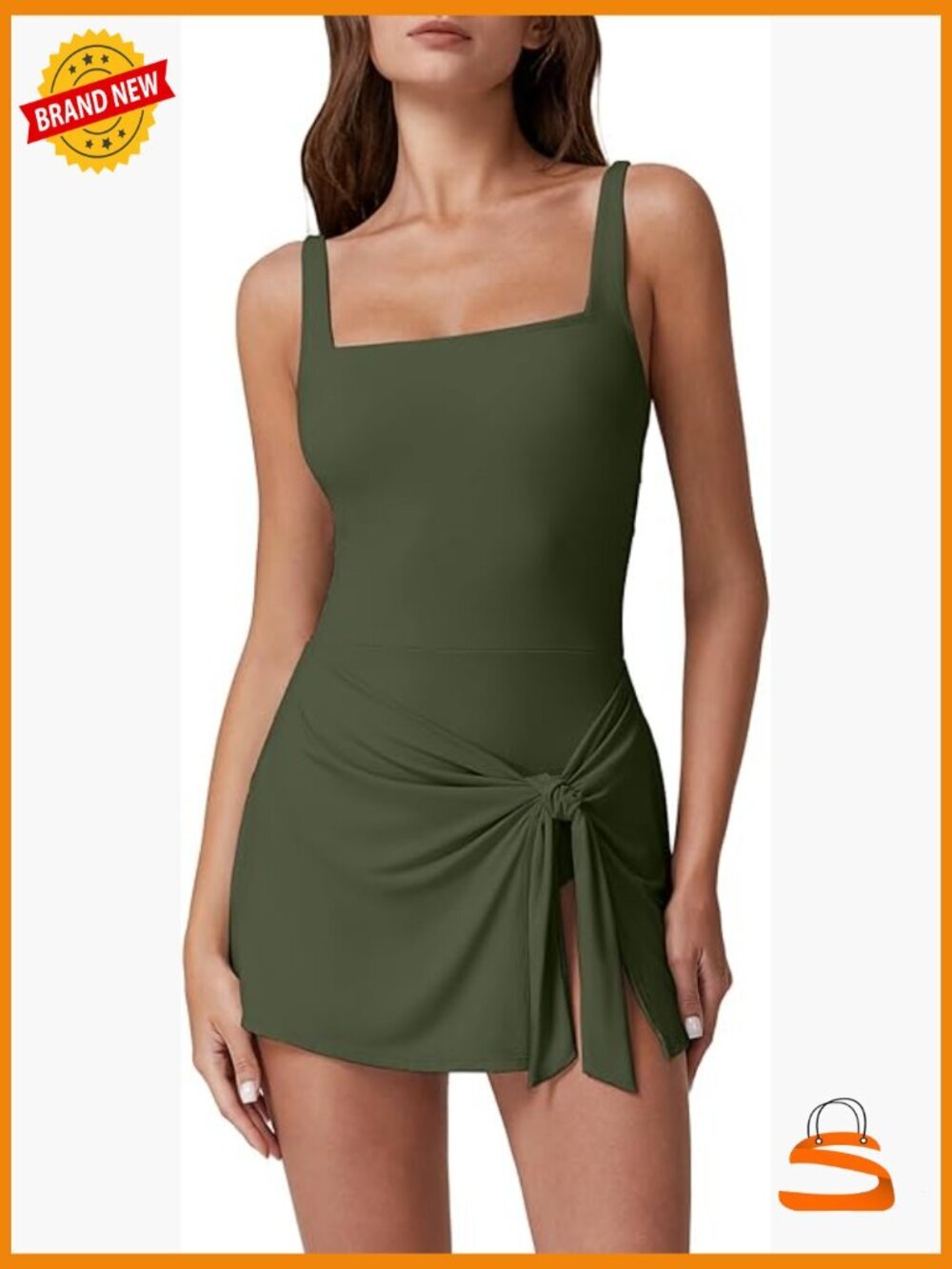 Square Neck Swim Dress Tummy Control One Piece Wrap Bathing Suit